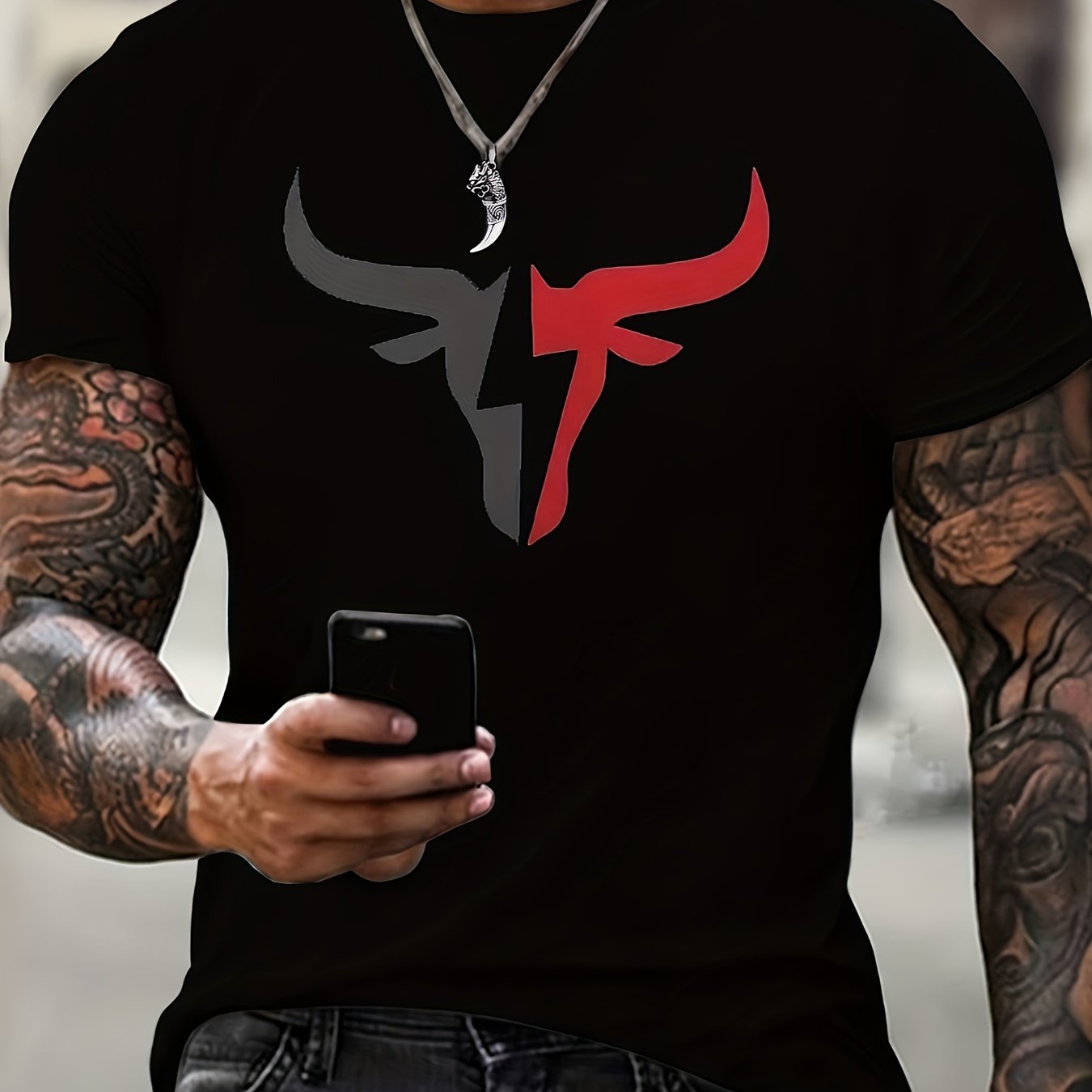 TEMU Men's Bull Graphic Print T-shirt, Casual Short Sleeve Crew Neck Tee, Men's Clothing For Summer Outdoor