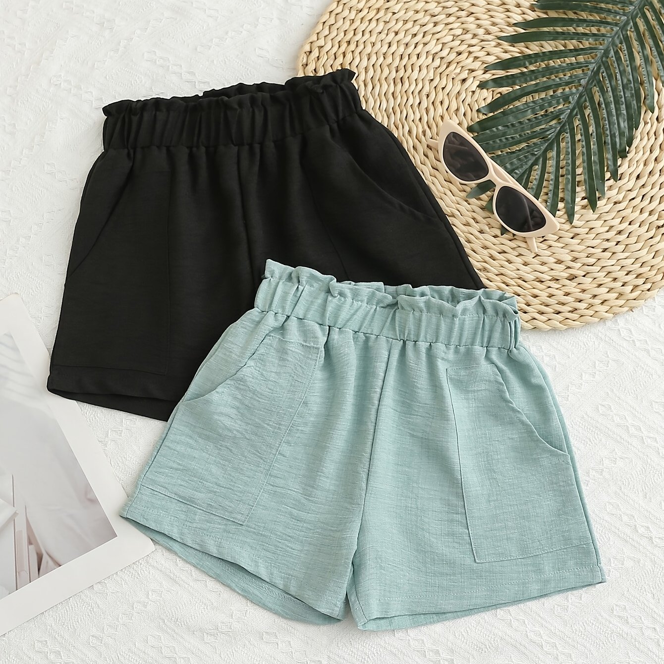 Image of Girls' Shorts / 2-pc / Girls' Style / Solid Color Shorts Set / Elastic Waist / Large Pockets / Girls' Pants, For Outdoor