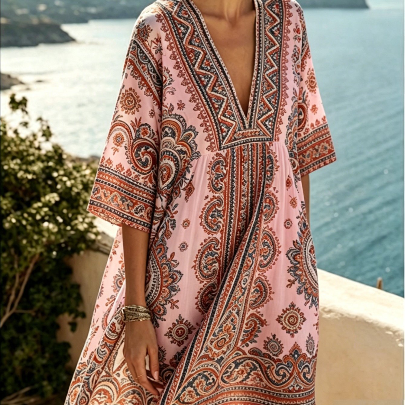 Plus Size, Plus Size Women's Spring And Summer V-neck Kaftan Dress, Bamboo Hemp, Ethnic Style, Bohemian Style, Casual Versatile Vacation Casual Skirt, Suitable For , Used As A Blouse Or Casual Dress.