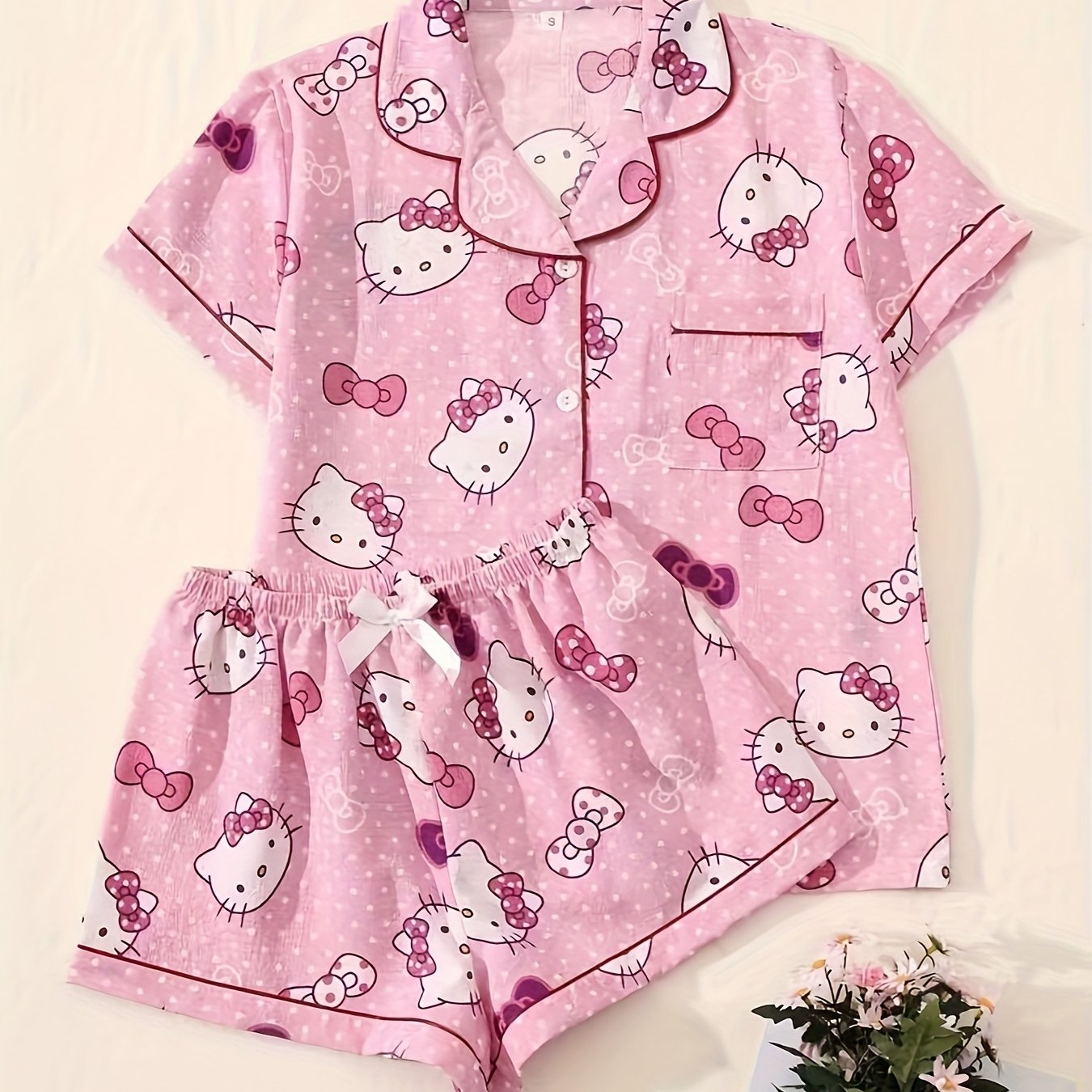 E-shop Teenager Hello Kitty Pyjama, Frühling Sommer Herbst Winter Hauskleidung, Kurzarm Kurz Hose Cartoon Print Bequemes Warmes Pyjama Set, für