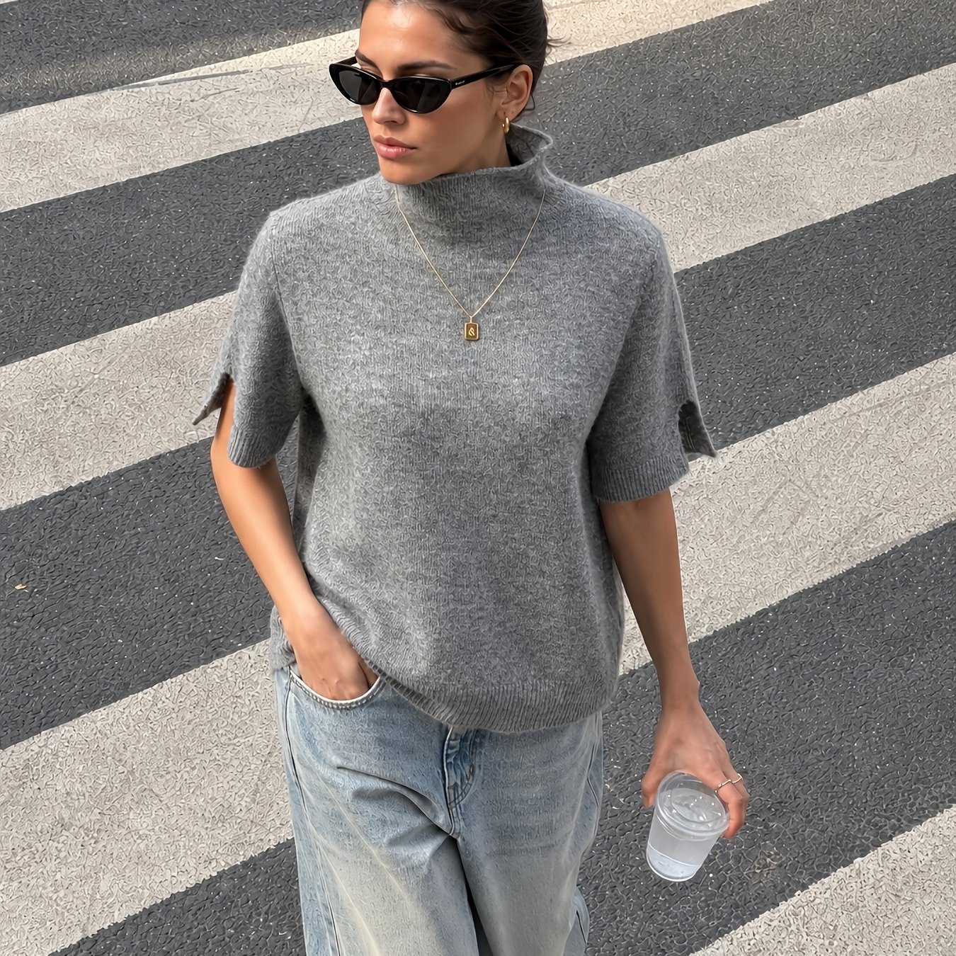 TEMU Women's Elegant Commuter Half-turtleneck Short-sleeve Fabric Sweater, Autumn/winter Loose-fit Casual Versatile Pullover Top Bzra