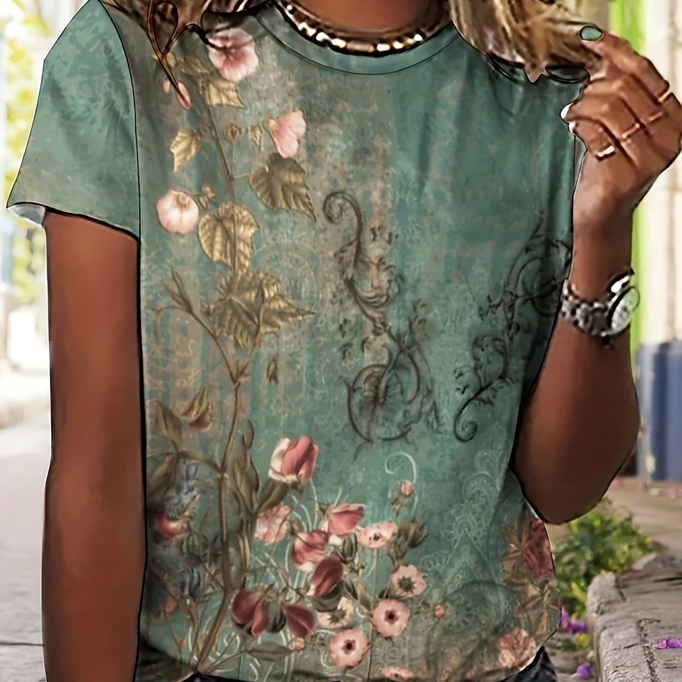 Image of Floral Print Crew Neck T-shirt, Casual Short Sleeve To For , Women's Clothing