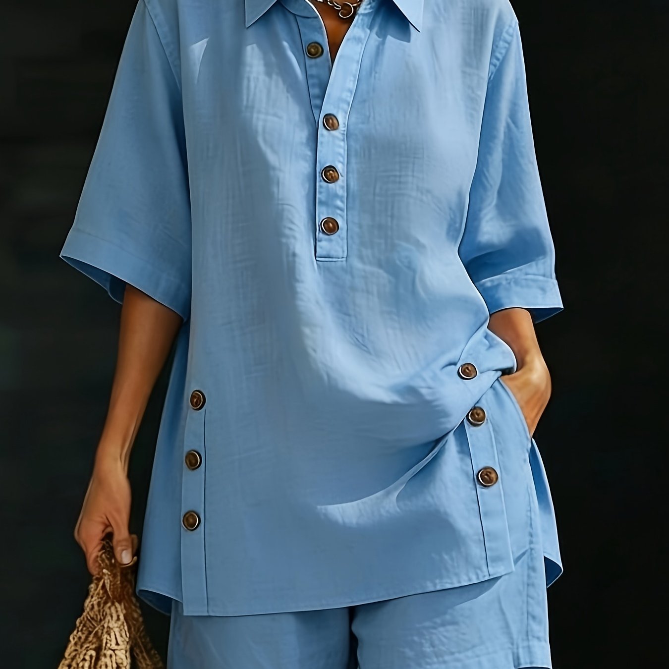 TEMU Women's Casual Short-sleeve And Shorts 2pcs Set, Button-up Short-sleeve Loose, Comfortable, And Breathable Shirt With Pants, Suitable For Spring