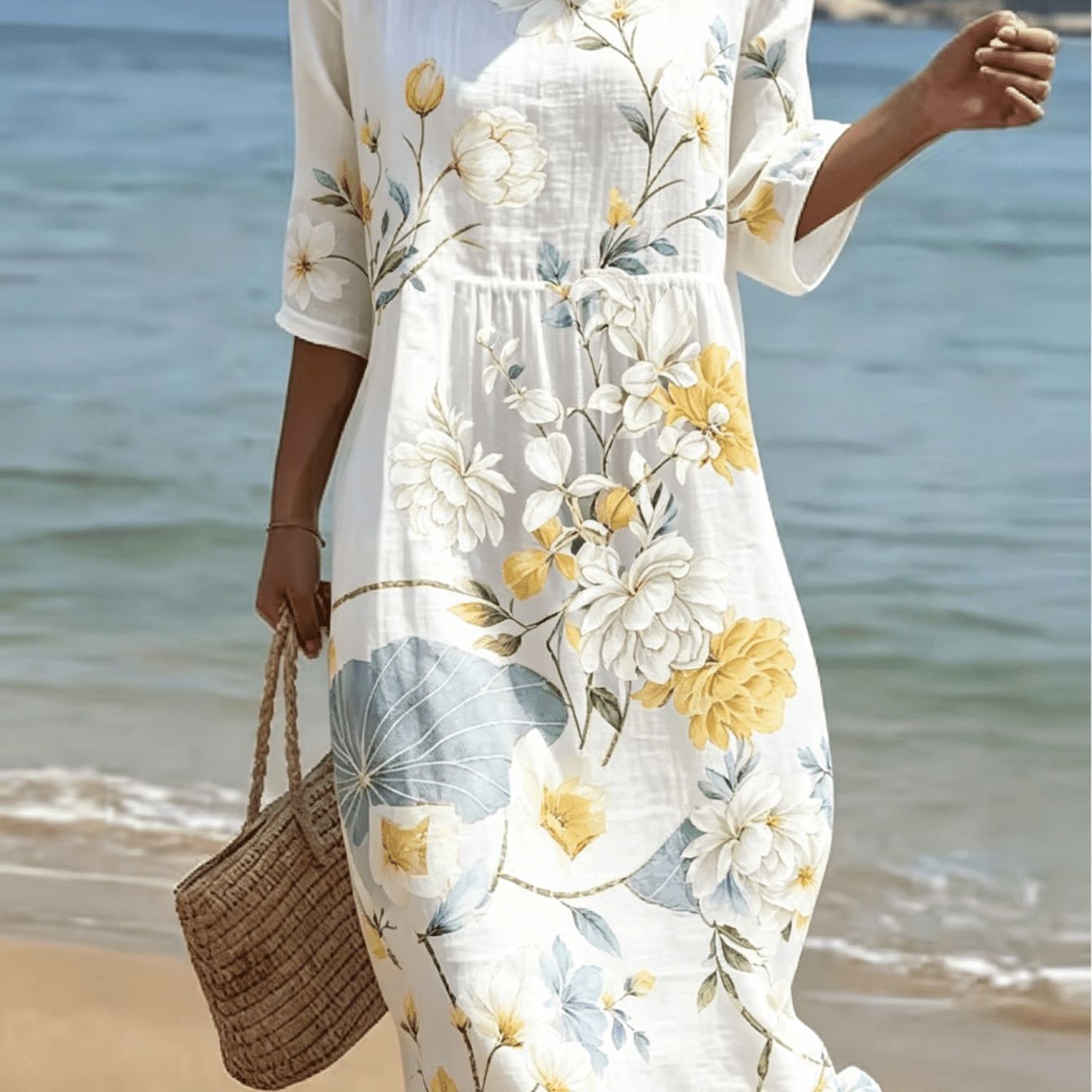 Image of Vintage Yellow White Watercolor Magnolia Floral Printed Women Loose Midi Dress, Half Sleeve Round Neck Waist Gathering Flowy Beach Dress, Lightweight Breathable Unique Boho Sundress