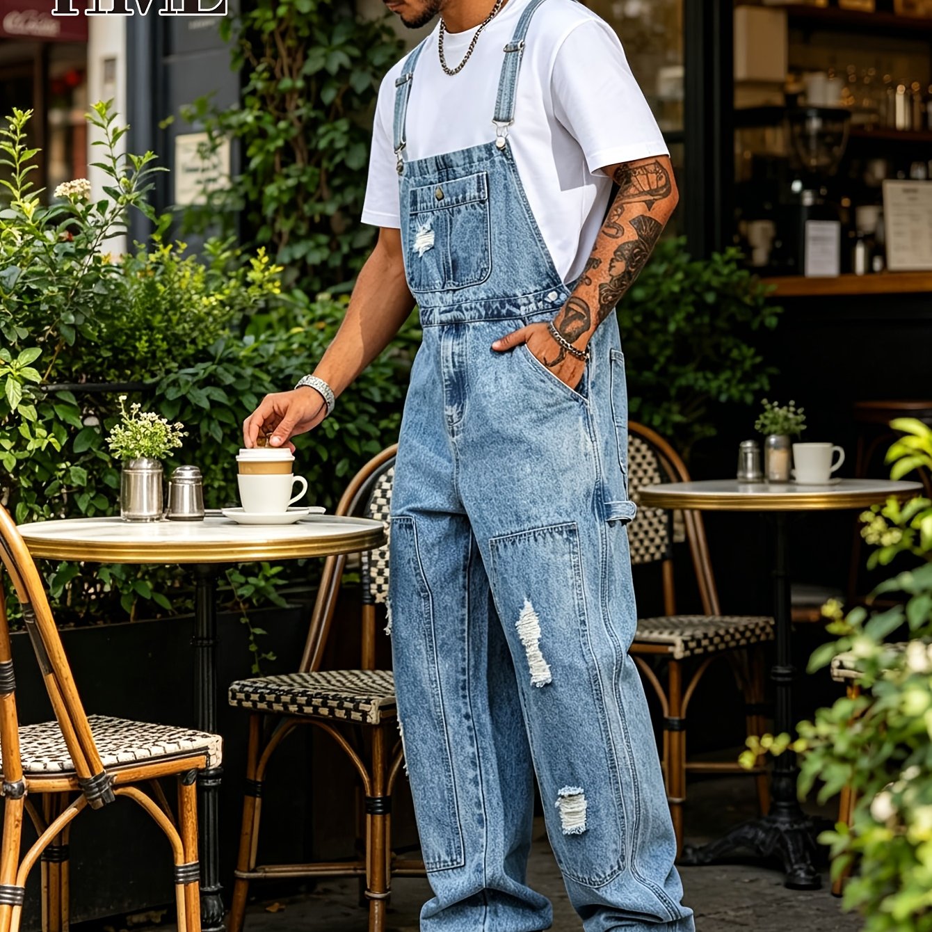 Image of Hme Fashion Ripped Men's Suspenders Jeans, Straight Loose Fit Three-dimensional Cut, Comfortable Not Tight, High-temperature Washing No Pilling No Fading, Versatile Casual Work Jeans Overalls Men