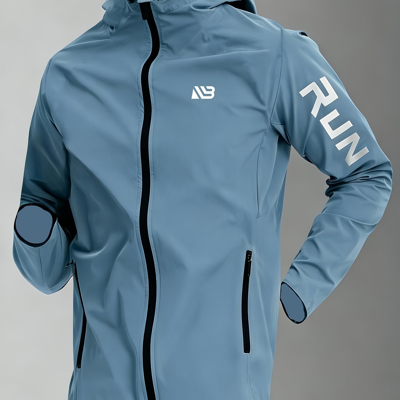 TEMU Men's Spring And Autumn Lightweight Functional Solid Color Hooded Run Print Zipper Jacket, Windproof, Quick-dry For Outdoor Running