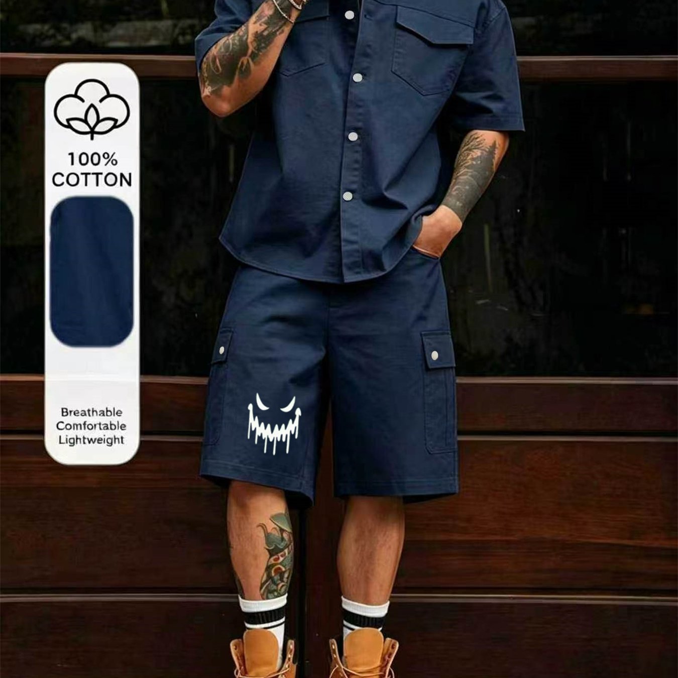 100% New Summer Fashion Solid Color Classic Men's Workwear Multi-pocket Shirt And Shorts Set, Casual Jogging 2pcs Set
