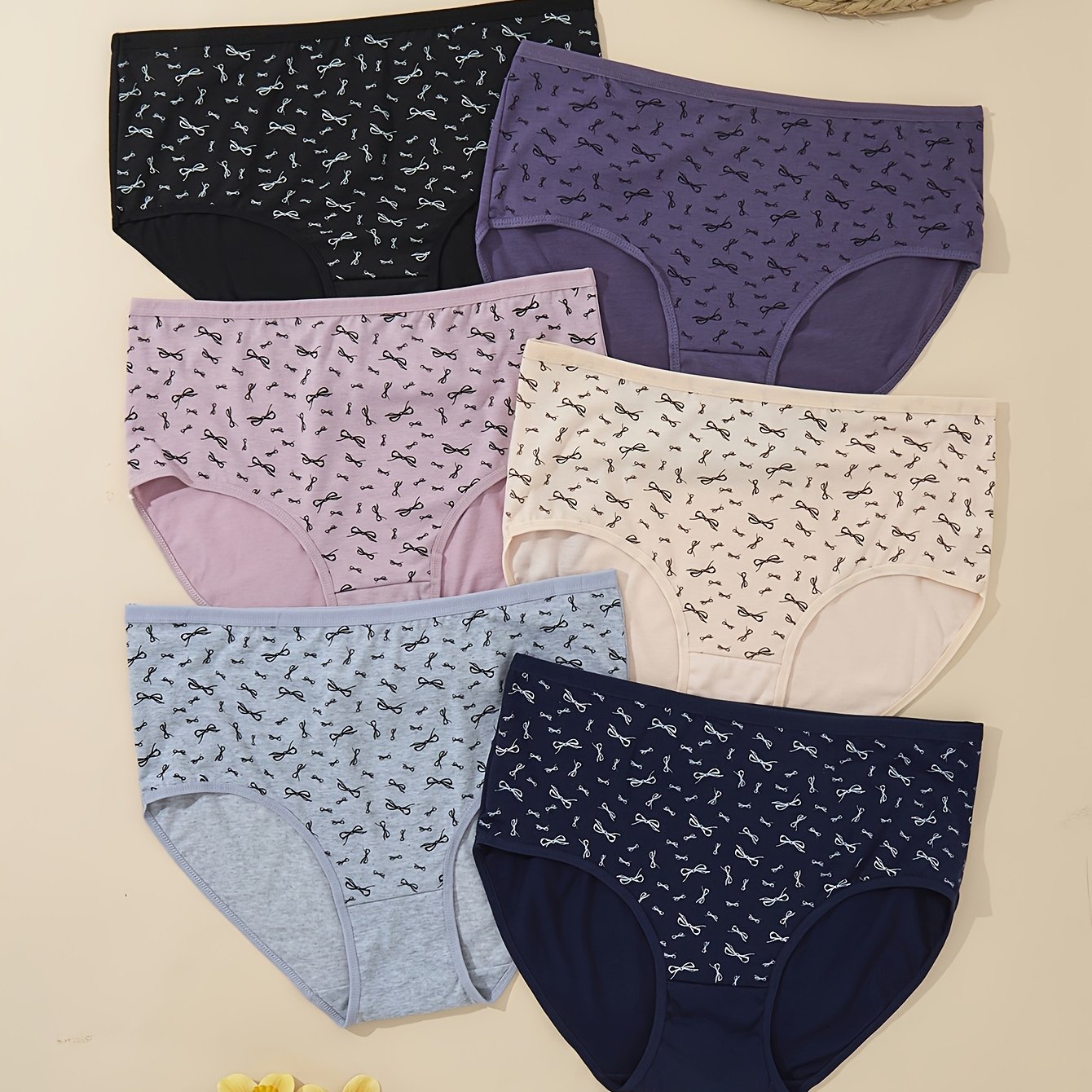 6-pack High-elasticity Panties With Cute Bow Print For Women, Plus Size