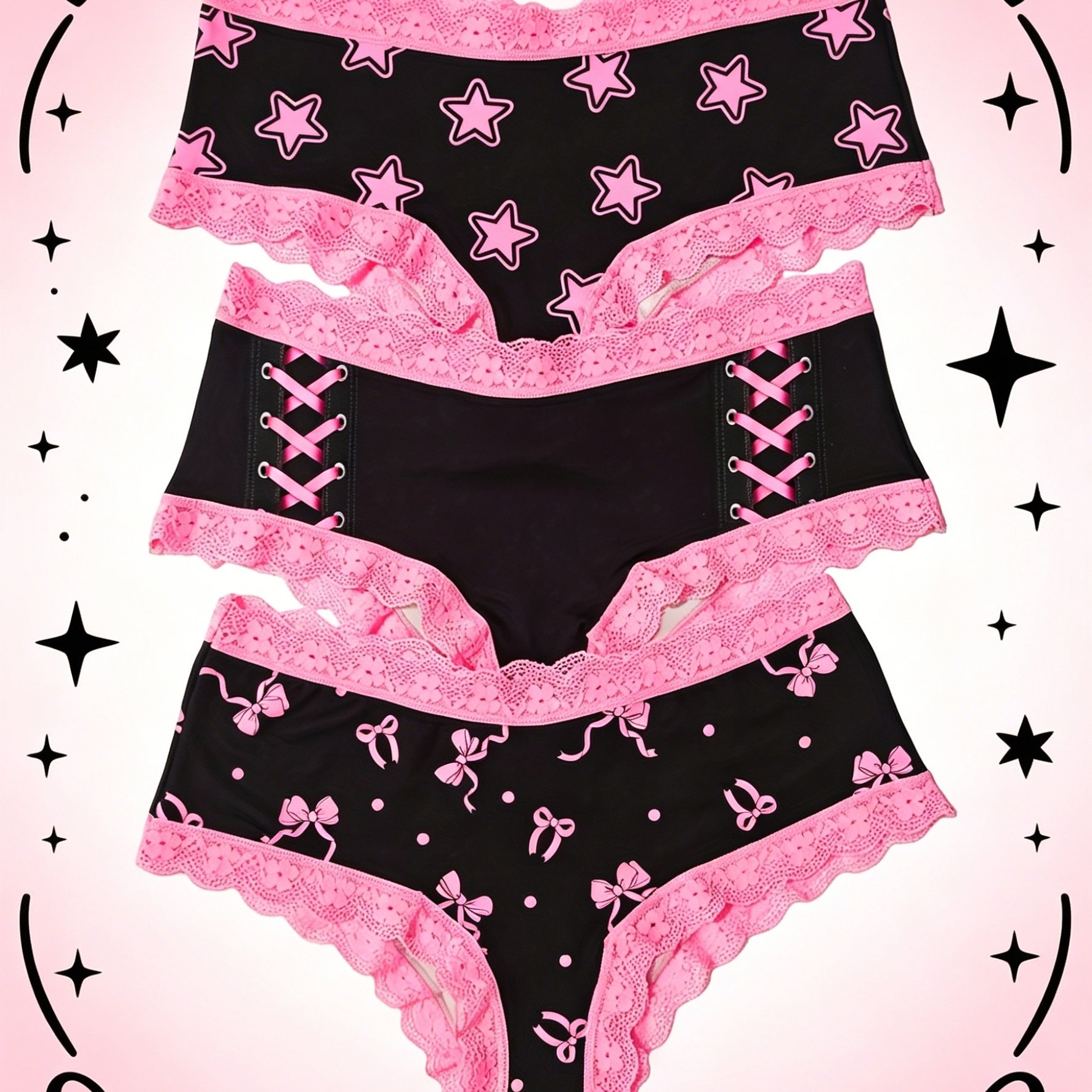 Image of 3pcs Women's Underwear Set With Pink Stitching, Fashionable Design, Cute Bow Decoration, Suitable For , And A Gift For Women