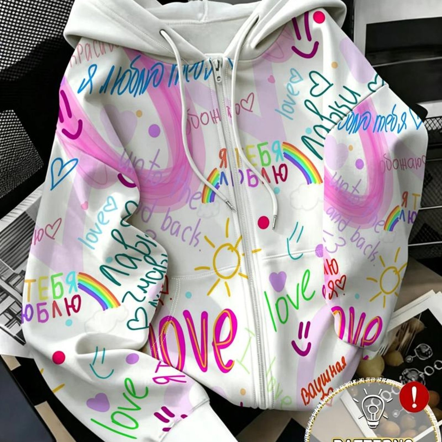 TEMU Printe Esign – Not Texture Women's Zip-up Hooded Cardigan Sweatshirt, Long Sleeve Casual Outerwear, Base With Colorful 