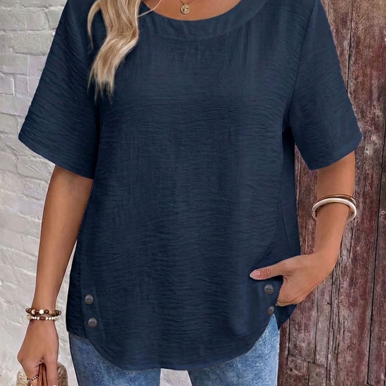TEMU [solid Color Sz] Summer Solid Easy Casual Elegant Women's Top, Loose Round Neck Short Sleeve Clothing