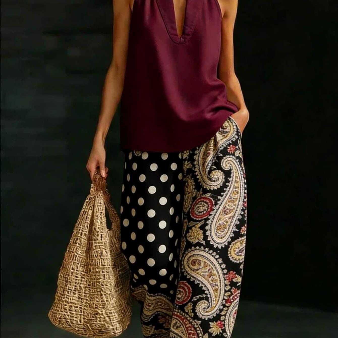Image of Plus Size, Women Solid Wine Red Halter Vest + Polka Dot Paisley Printed Wide Leg Pants 2pcs Bohemian Outfit