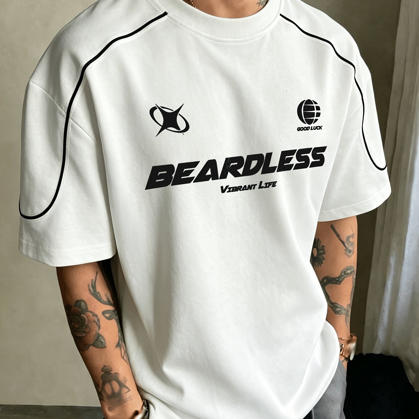 TEMU Athletic Casual Men's Short Sleeve T-shirt, 1pc Solid Color Top, Line Design, Loose Sporty Style, Letter Print, Comfortable All-match Top,