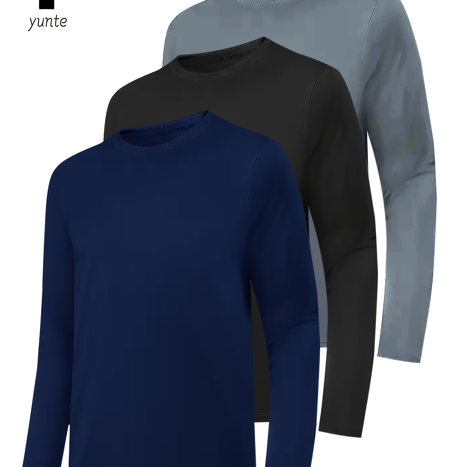 E-shop 3 Stück Herren Langarm Rundhals-Shirts in Navy, Schwarz Grau, Schnelltrocknende Sportoberteile, Fitness-Workout-Kleidung, Lässige