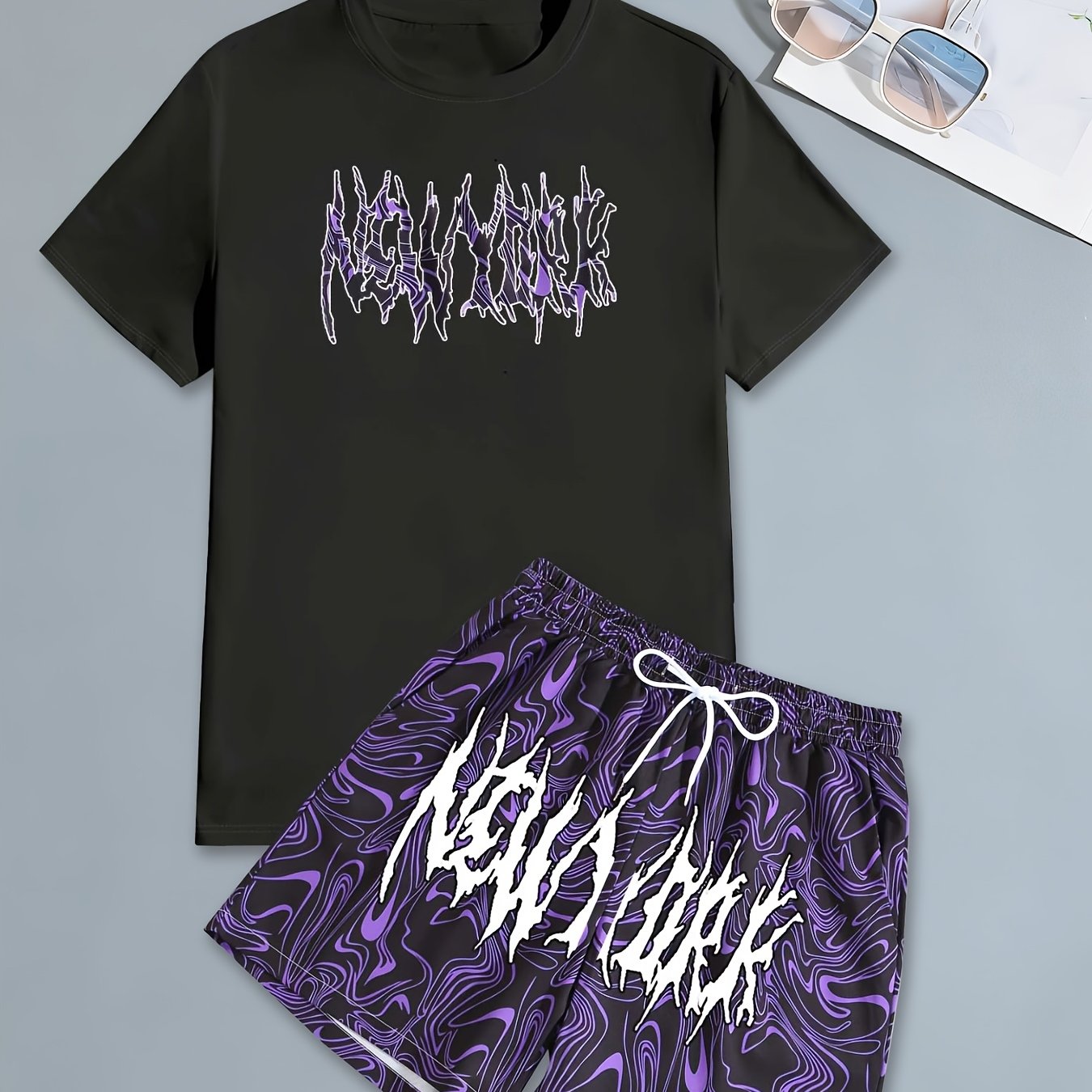 TEMU Men's 2pcs Set: Round Neck Short Sleeve T-shirt + Drawstring Pocket Beach Shorts
