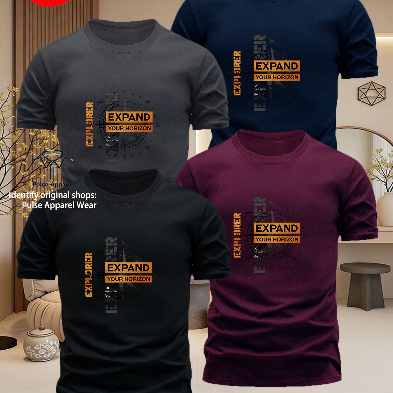 TEMU 4-pc Men's Adventure-themed Short Sleeve T-shirts, Featuring Compass Pattern And "expand Your " Text On , Outdoor Exploration Spirit