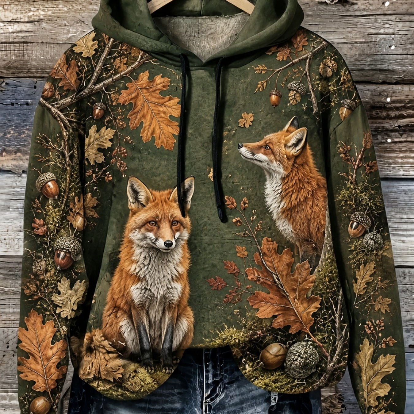 Image of Plus Size, Plus Size Women's Olive Forest Print Hoodie Fall Winter Long Sleeve Loose Pullover Woodland Graphic Sweatshirt