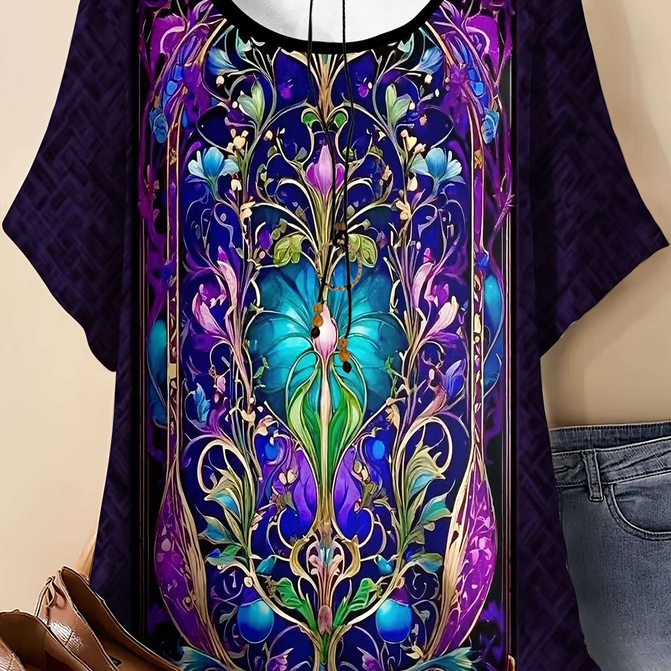 TEMU Plus Size Women's Round Neck Short-sleeved T-shirt With Purple-blue Artistic Floral Print, The Fabric Is Soft, Skin-friendly And Breathable,