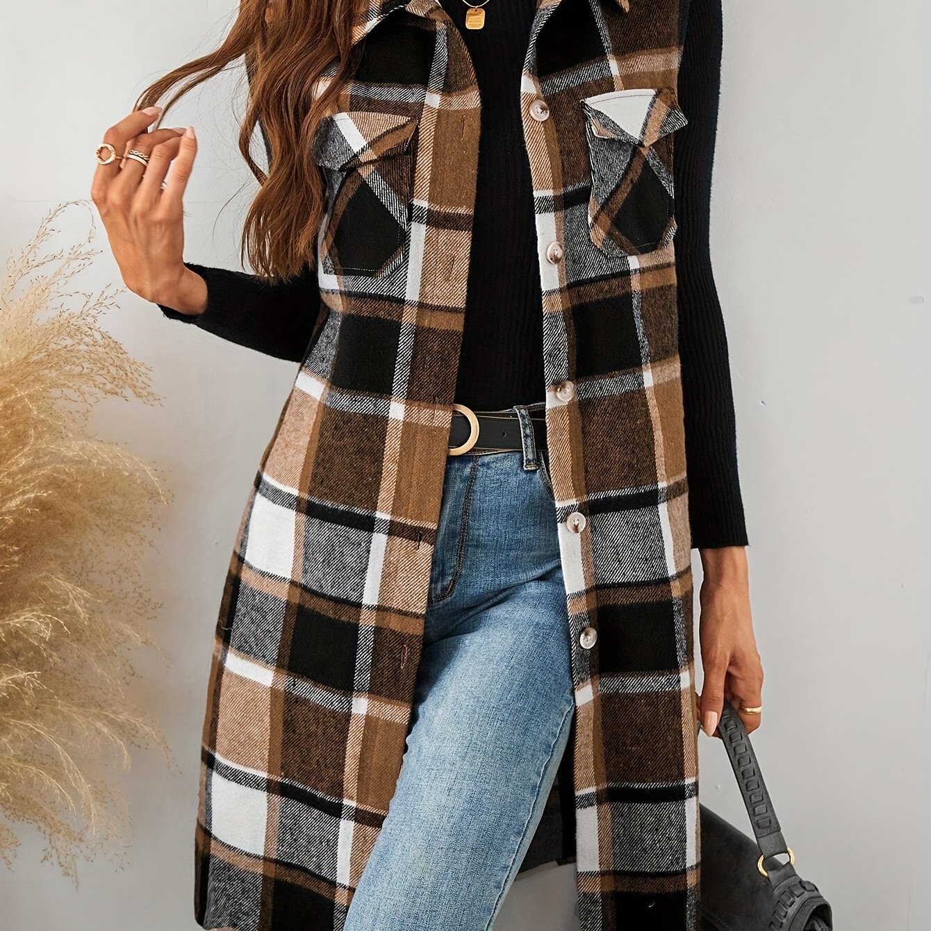 E-shop Damen Vintage Karo Ärmellose Jacke mit - Casual Mittellang, , Einreihig, Reverskragen, Herbst/Winter Mode Mantel. Schöne Damenweste