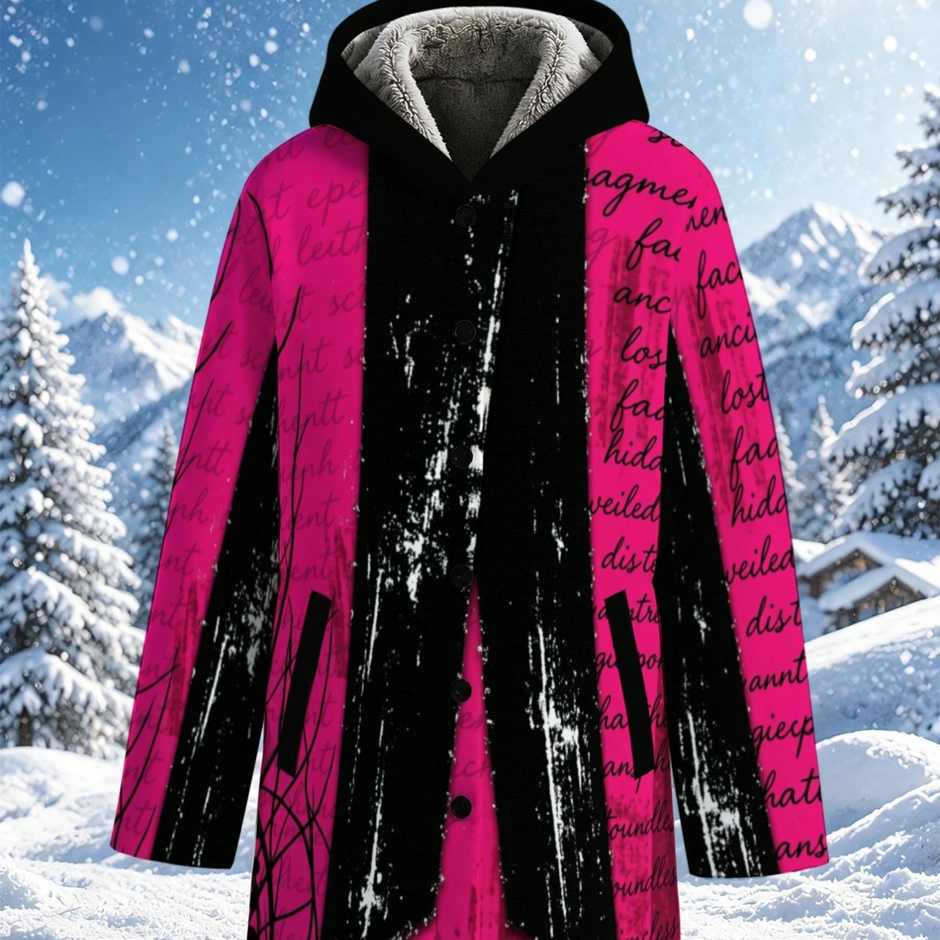TEMU Lianyaoshi [printed Design Not Textured] Women's Fleece-lined Coat For Autumn Winter Vibrant Pink With Black Abstract Print, Lightweight Warm,