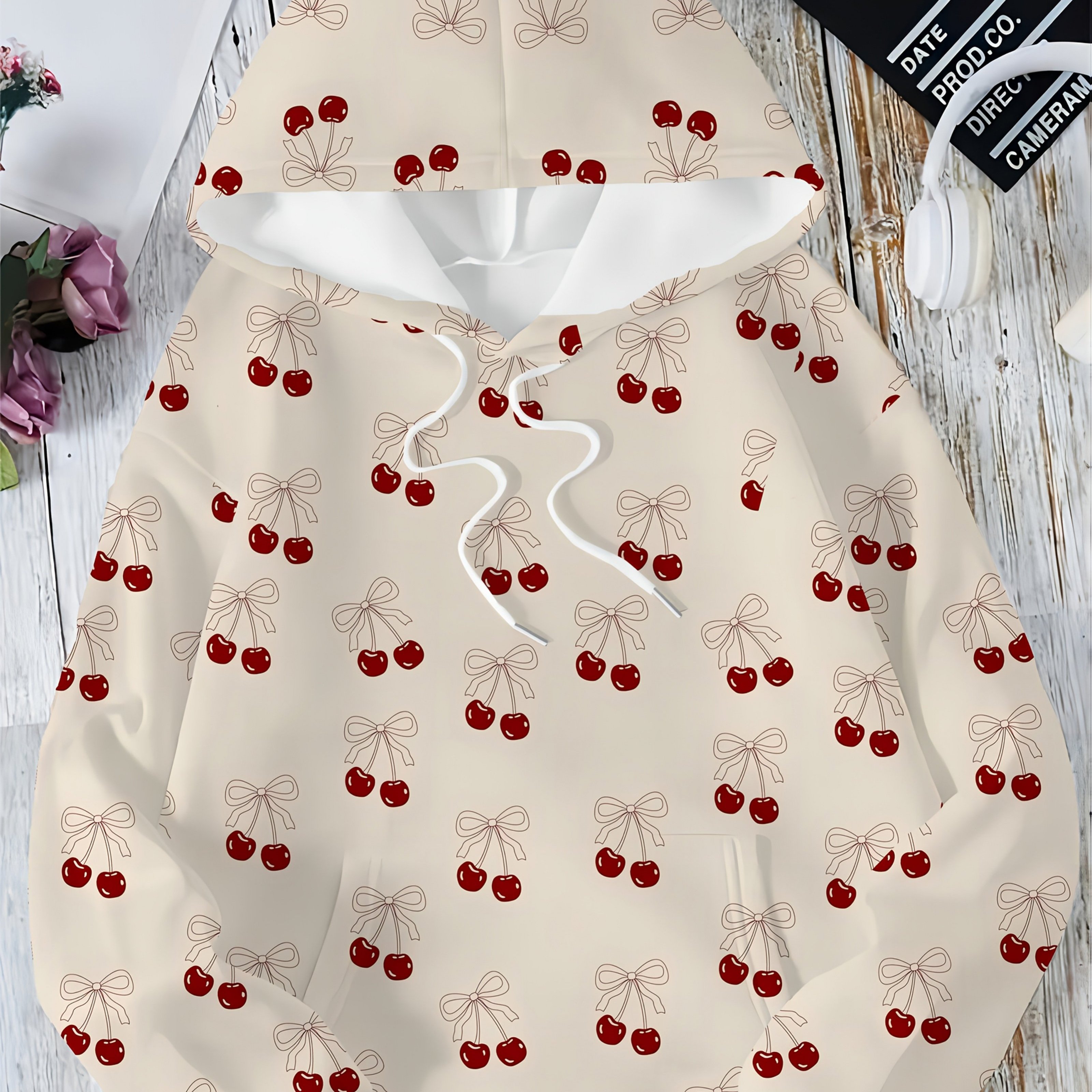 TEMU Plus Size - Plus Size - Plus Size Women's Casual Hooded Sweatshirt With Cherry Bow Print