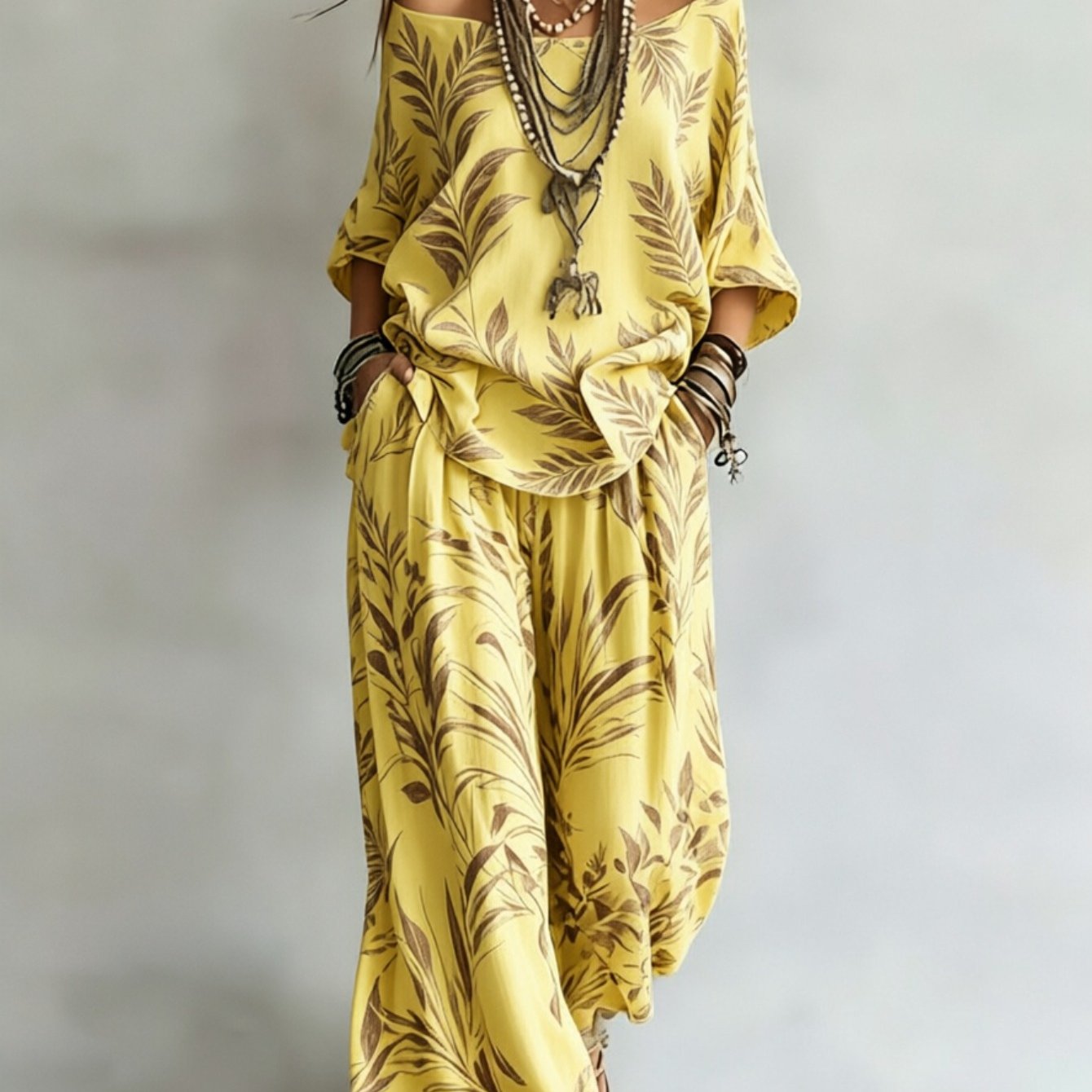 Image of 2pcs Package, Women' -word Shoulder Top With Wide-leg Pants Set, Retro Tropical Branches And Leaves Full Of Prints, Coastal Resort Town Walking In The For And , The For Shopping Gifts