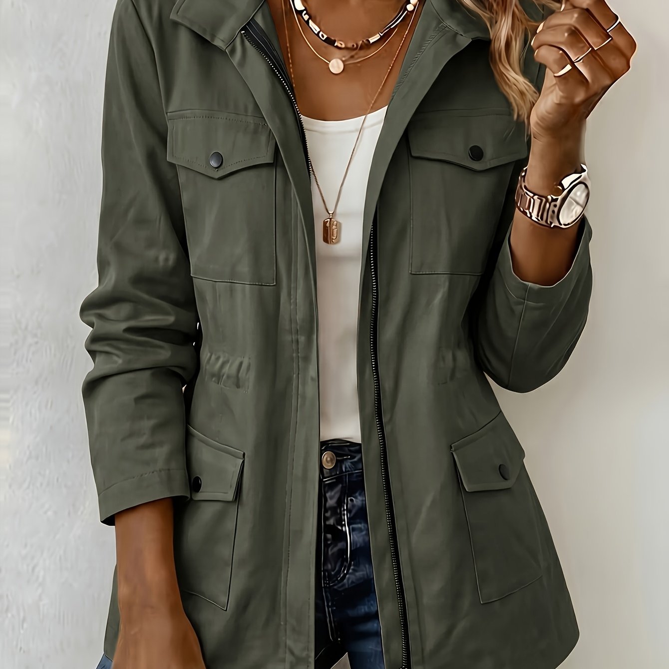 TEMU /autumn Women's Casual Jacket, Utility Multi-pocket Cinched Waist All-match Outerwear