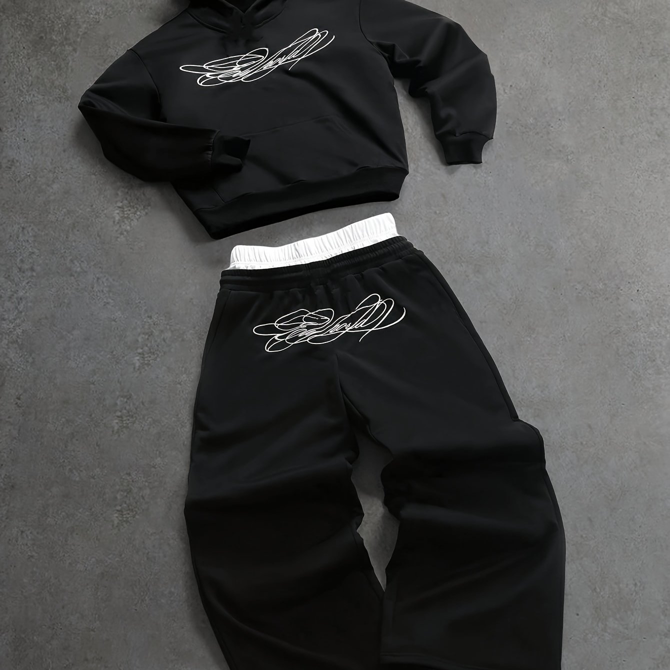 TEMU Men's Printed Hoodie And Wide-leg Pants Set, Casual Sportswear, 2pcs Matching Outfit, Elastic Waist Streetwear Tracksuit