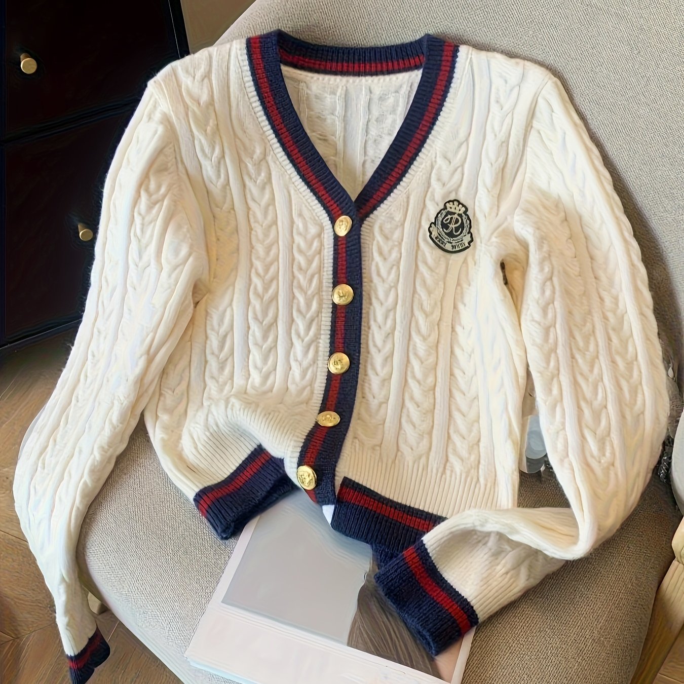 Dp051960 College Style Contrast Color V-neck Single-breasted Long Sleeve Cardigan Outerwear For Women