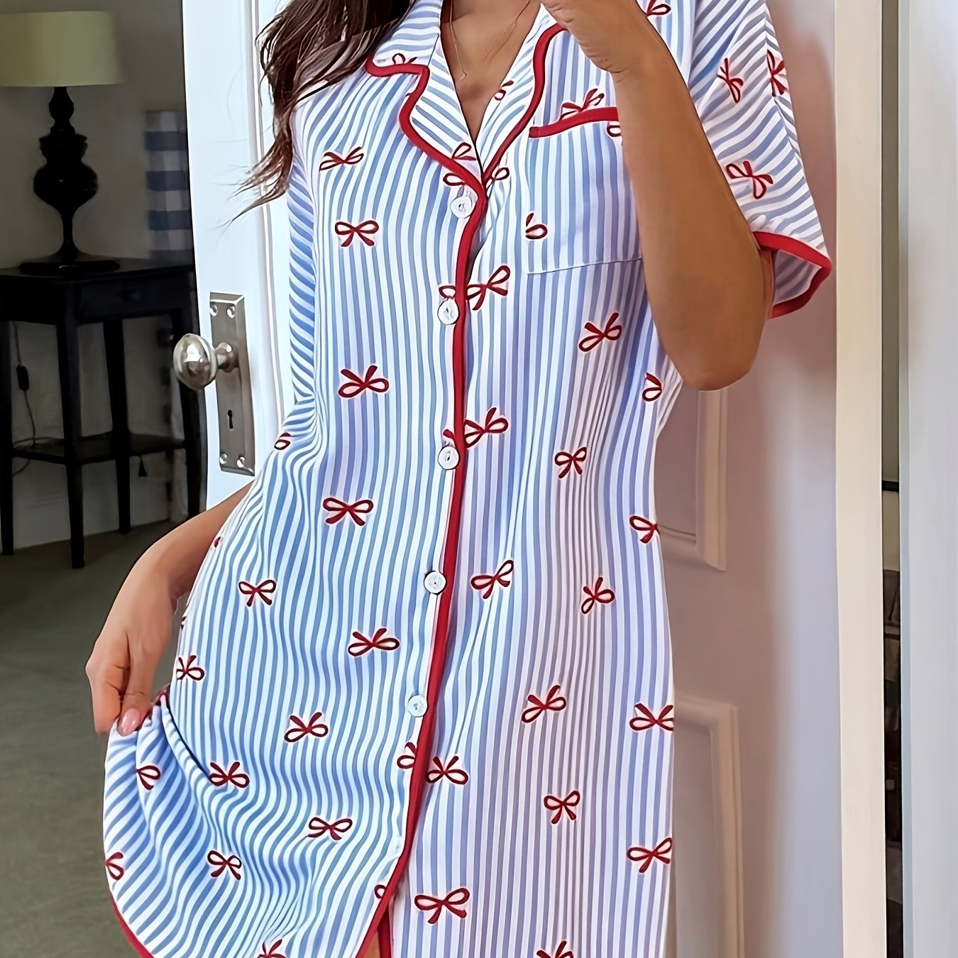 TEMU Summer New Striped Bow Print Short Sleeve Dress, Women's Casual Comfortable Lapel Nightgown