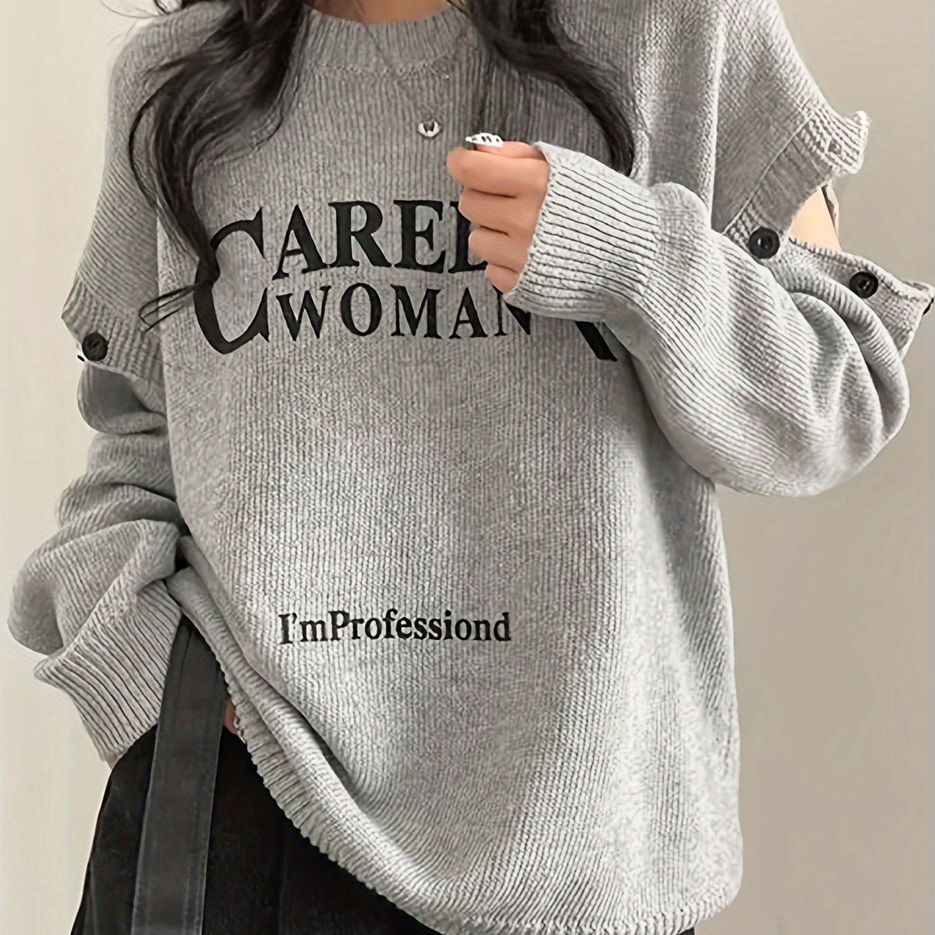 Vintage Letter Off-shoulder Round Neck Pullover Sweater For Women, Autumn/ Street Style Top