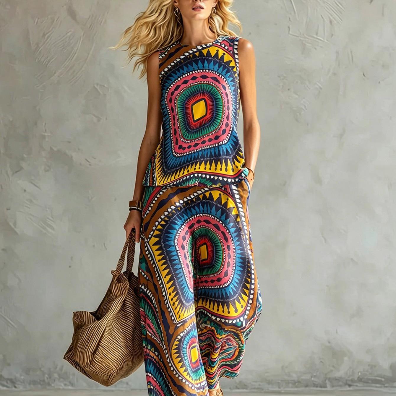 Image of New Women's Summer Clothing: Top + Pants Set Geometric Patterns Summer Women's Vest Set Casual Wear Machine Washable Polyester Fiber Simple And 2pcs Set 2d Flat Printing Summer, 2d Flat