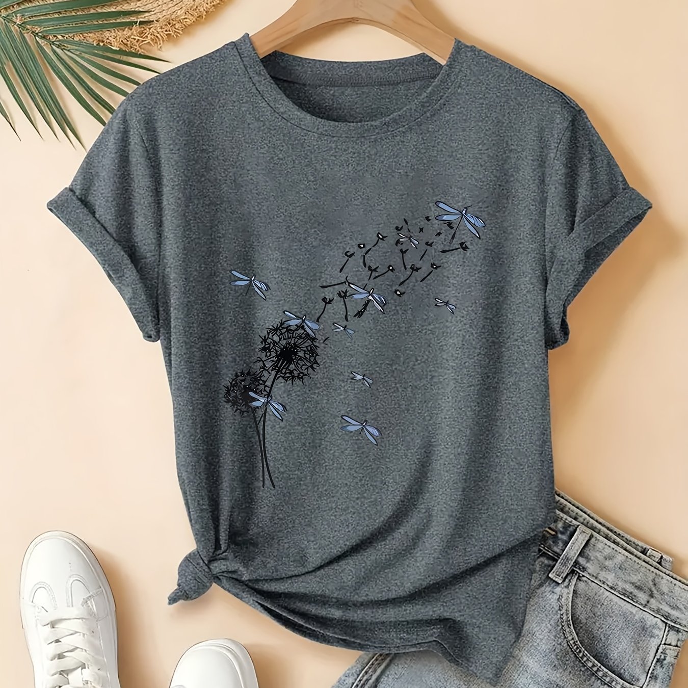 TEMU Women's Plus Size Casual T-shirt Black Dandelion Illustration Pattern Print Spring Summer Autumn Round Neck Short Sleeve Fashion Vacation Daily