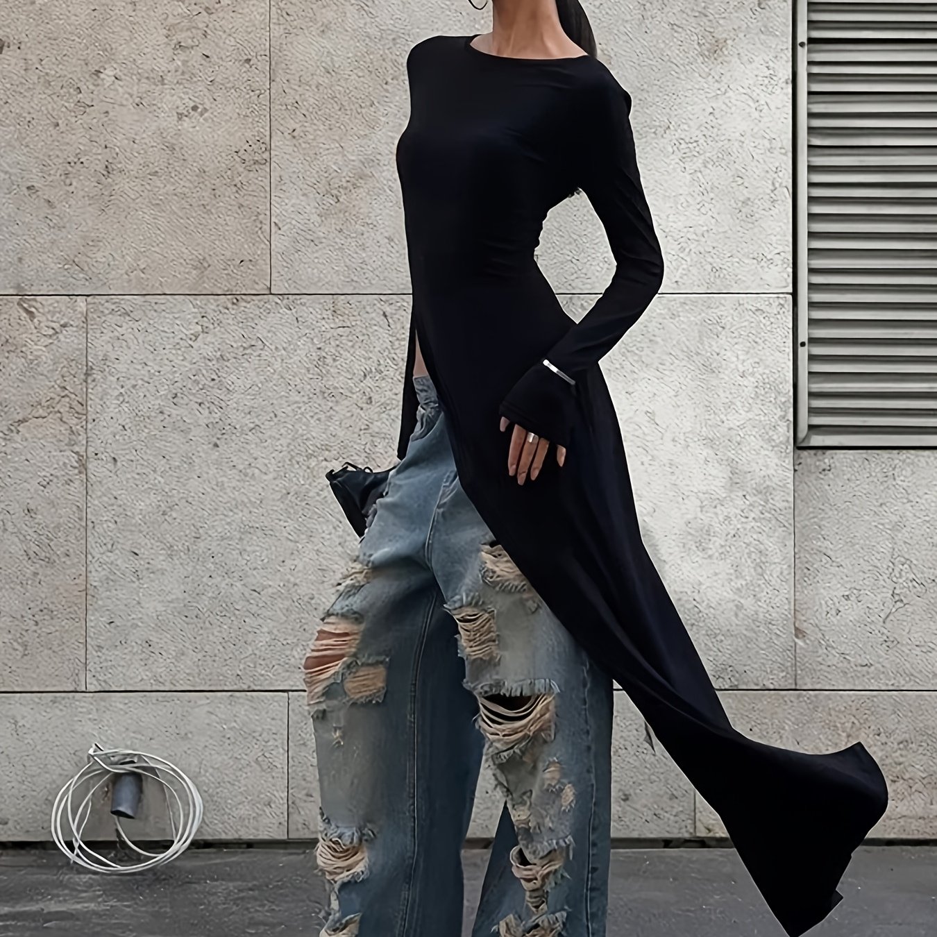 TEMU High-slit Long Slim-fit Long-sleeve Dress, Sexy Flowy Figure-flattering Black Floor-length Cover-up Maxi Dress