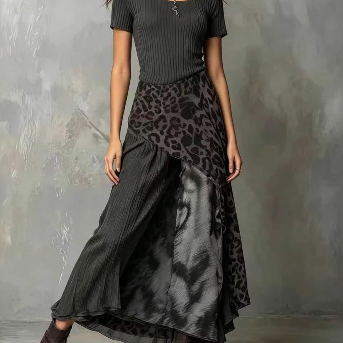 Women's Vintage Leopard Short Sleeve Crew Neck Irregular Slim Fit Long Dress