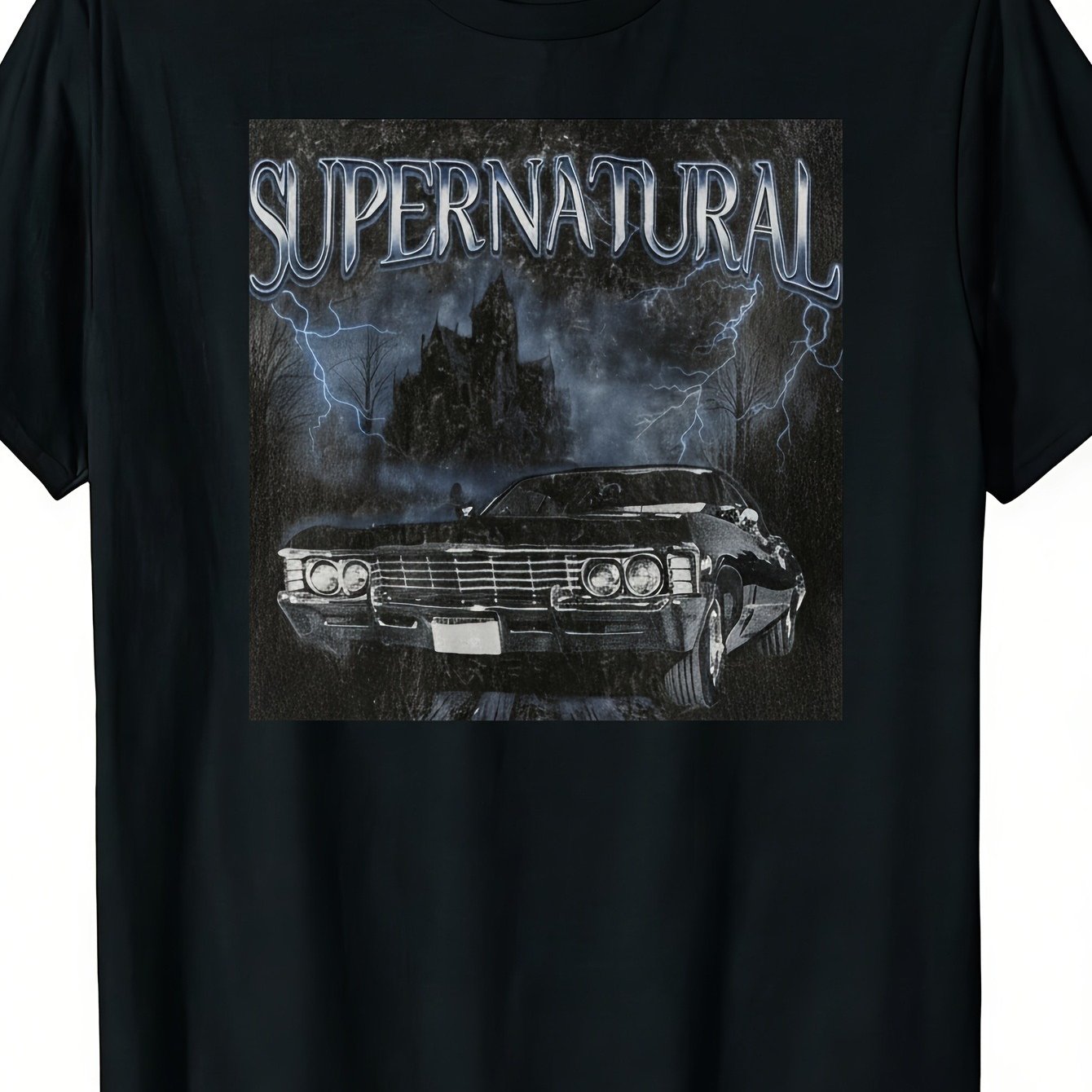 Image of Large Supernatural Show Logo Print T-shirt | Vintage Street Style, Breathable Loose Fit, Round Neckline, , Fabric, , Crew Neck, Regular Fit, Perfect For Men