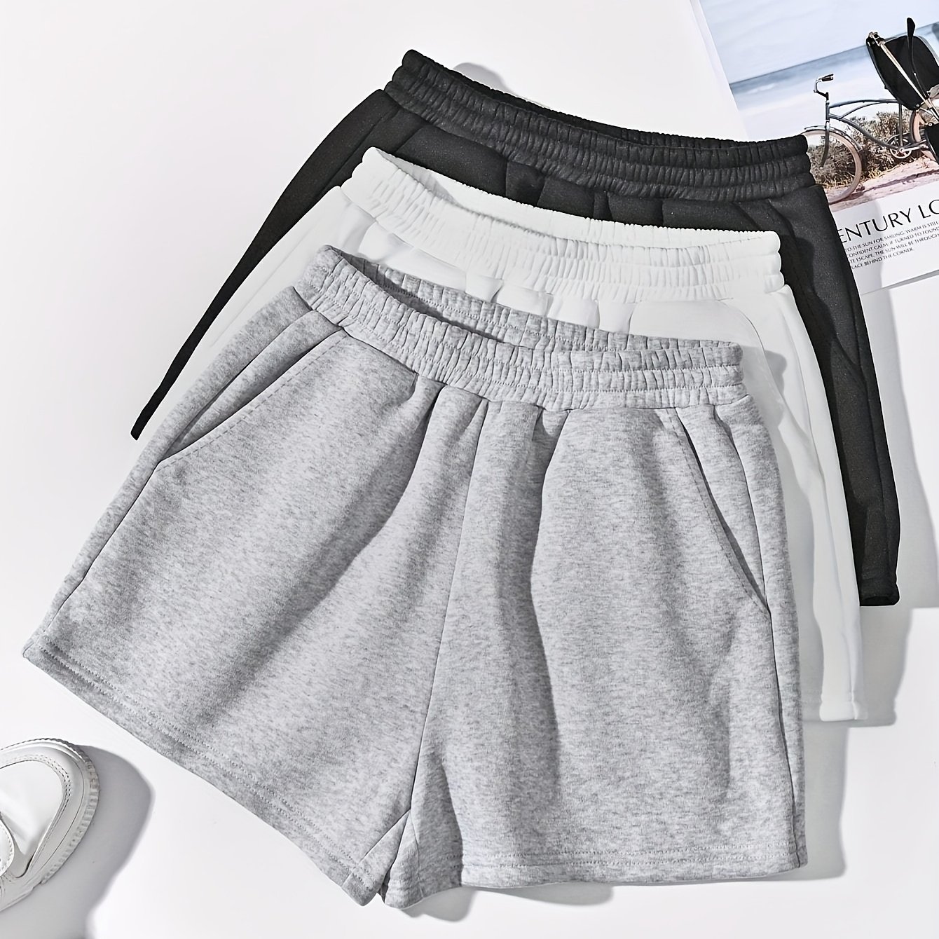3pcs Solid Color Elastic Waistband Shorts Set