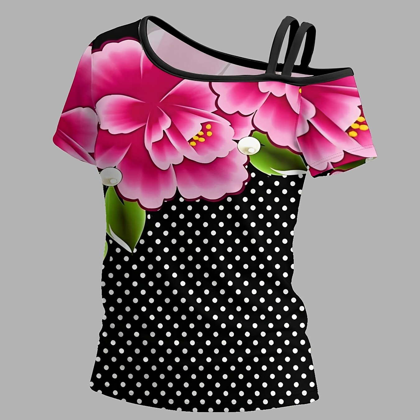 TEMU Pink Peony Dot Decor -shoulder Short-sleeve T-shirt With Unique Asymmetrical Design And Trendy Prints, Effortlessly In Casual Spring And Summer