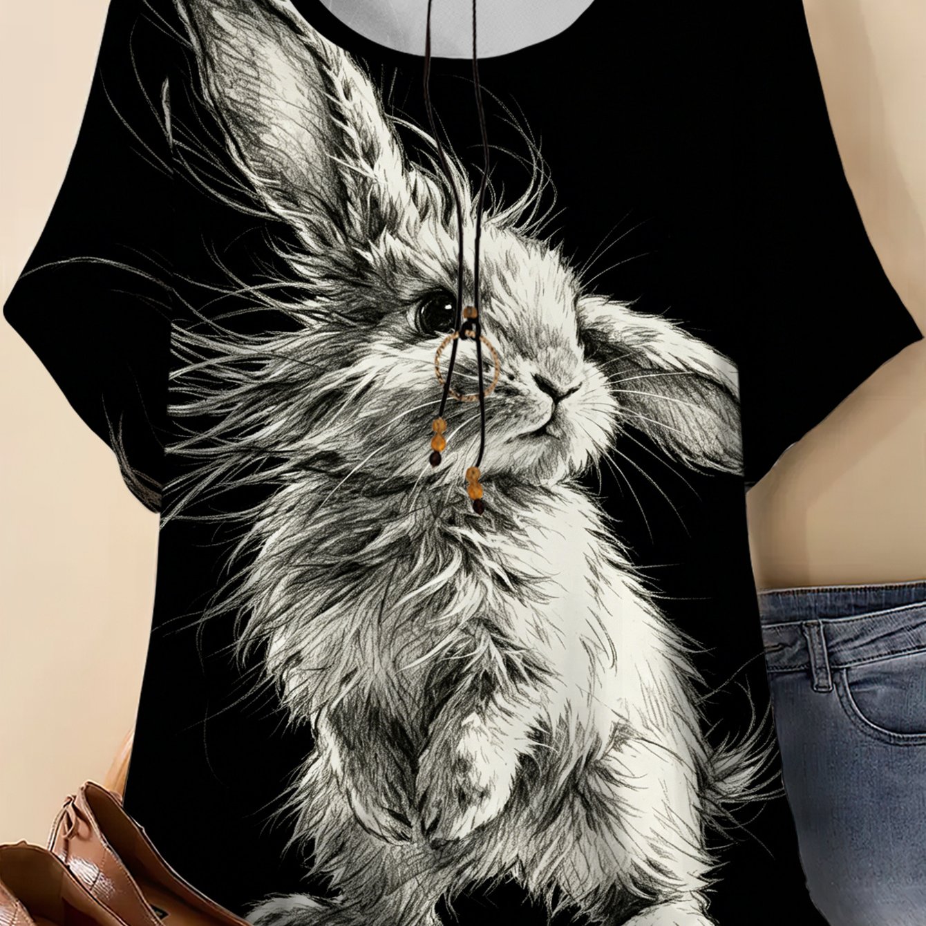 TEMU Plus Size - Plus Size - Women's Plus Size Short Sleeve Round Neck T-shirt, Sketch Rabbit All-match Pattern, Breathable Skin-friendly Fabric,