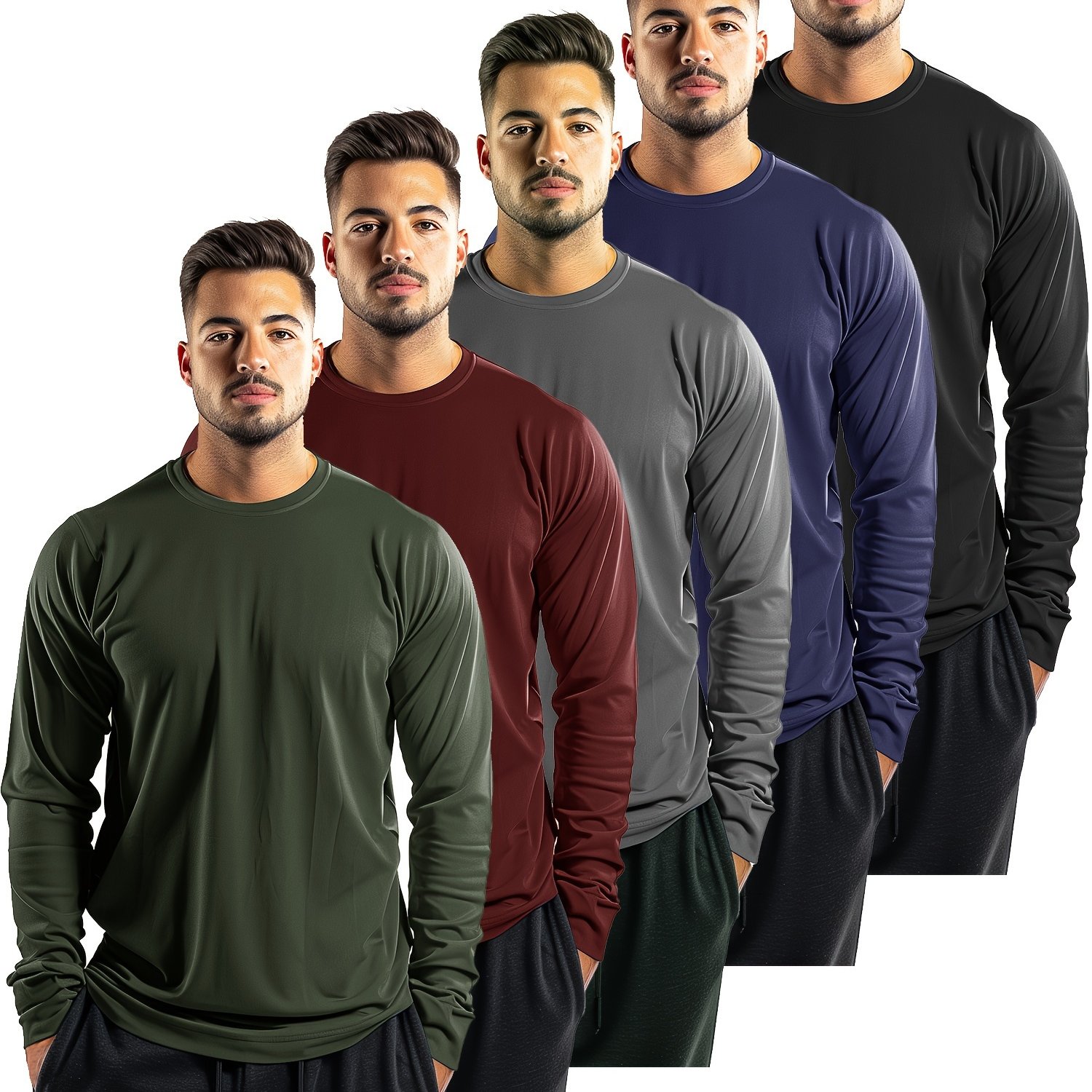 TEMU Men's 5pcs Set Of Solid Color Crew Neck Long Sleeve T-shirts, Quick Dry And Moisture Wicking Sun Protection Shirts For Men, Casual Tops For Fitness And Outdoors Activities