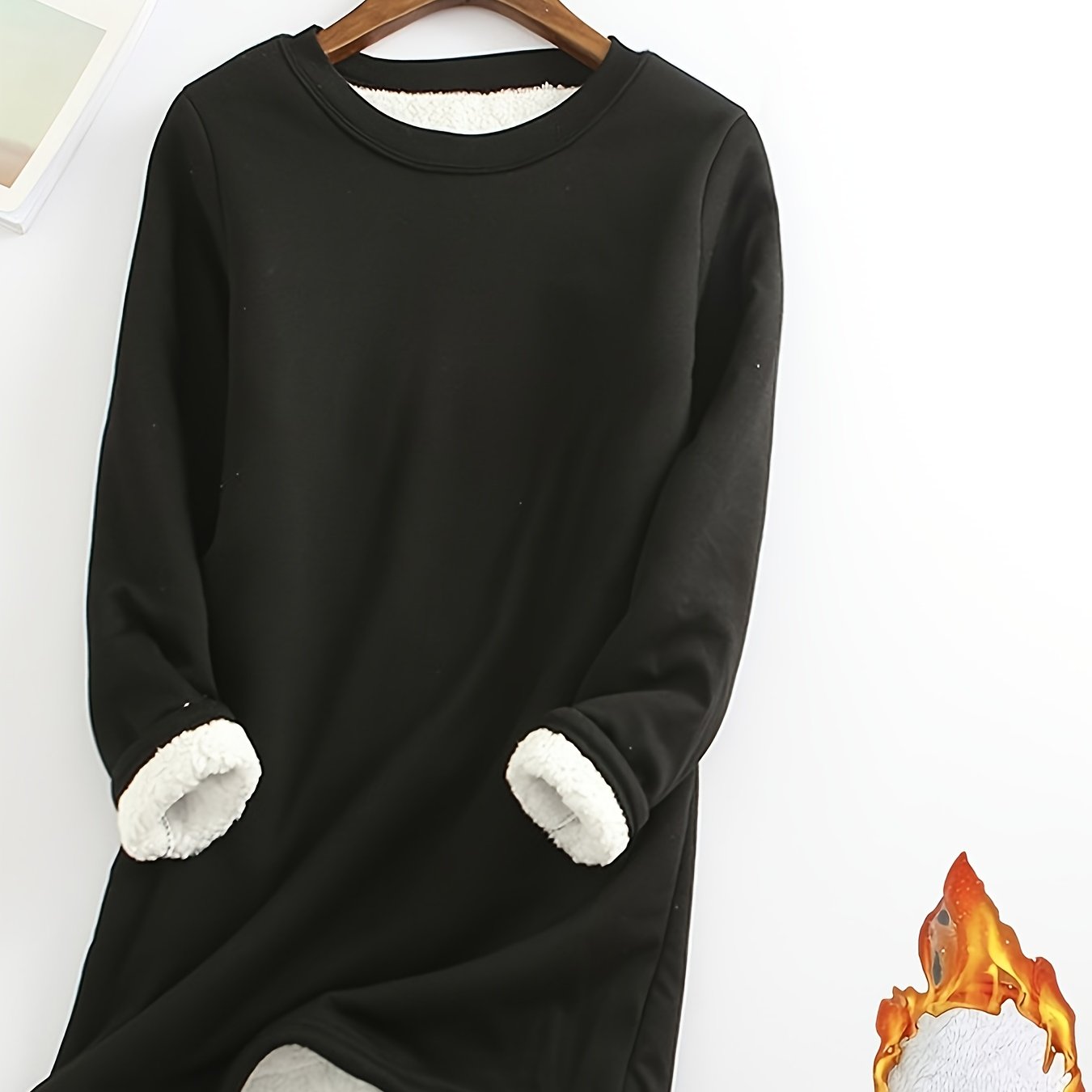 E-shop Plus Size, Herbst/Winter Neu – Gefüttertes Uni-Farben Basis-Shirt, Damen Mid-Länge Plus Size Warmes Oberteil