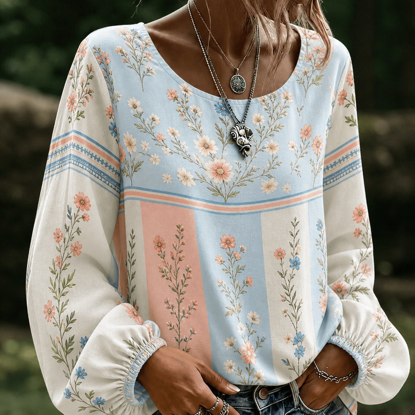 Image of Plus Size, Vertical Stripe Spliced Full Print Lantern Sleeve Top, Soft -friendly Cozy Fabric Perfect Gift