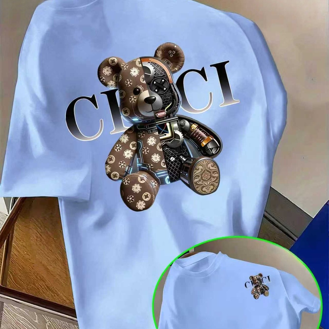 TEMU Men's Short-sleeve T-shirt With Mechanical Bear Totem "ci Ci" Printed Pattern, Half- Structure, Metallic Texture, Premium Visual Effect, Trendy