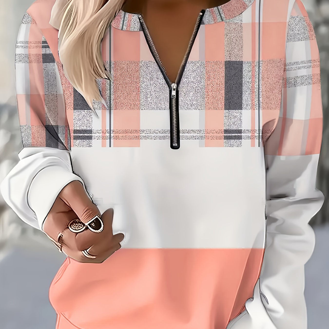 TEMU Plus Size, Plus Size Women's Casual Pullover Round Neck Zipper Print Tshirt