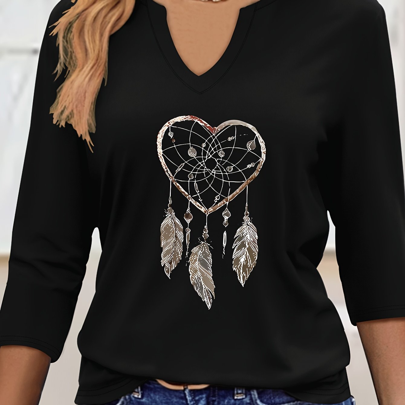 TEMU T-shirt à imprimé , T-shirt à col en V et manches -, Haut élégant de couleur unie pour et l'été, Vêtement pour femme