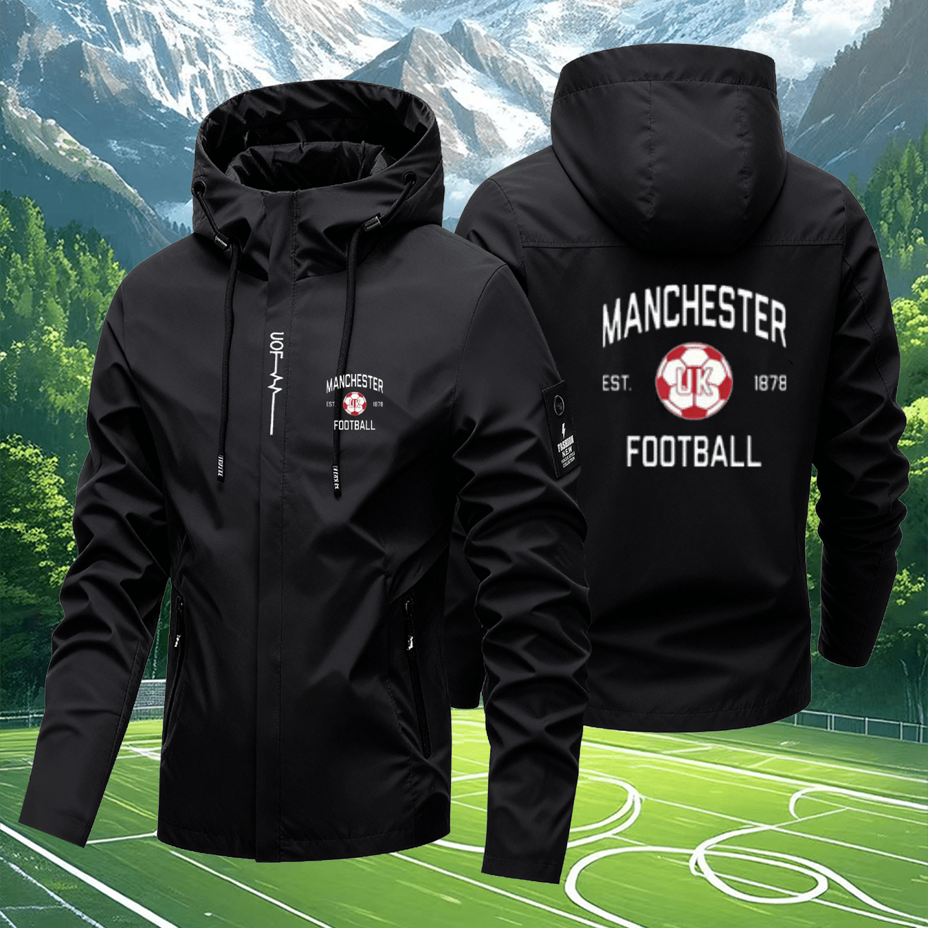 TEMU Men' Manchester Football 1878 Emblem Hooded Jacket - Orange Soccer-themed Outerwear With Zippered Pocket & Black Drawstrings, Hooded Zipper