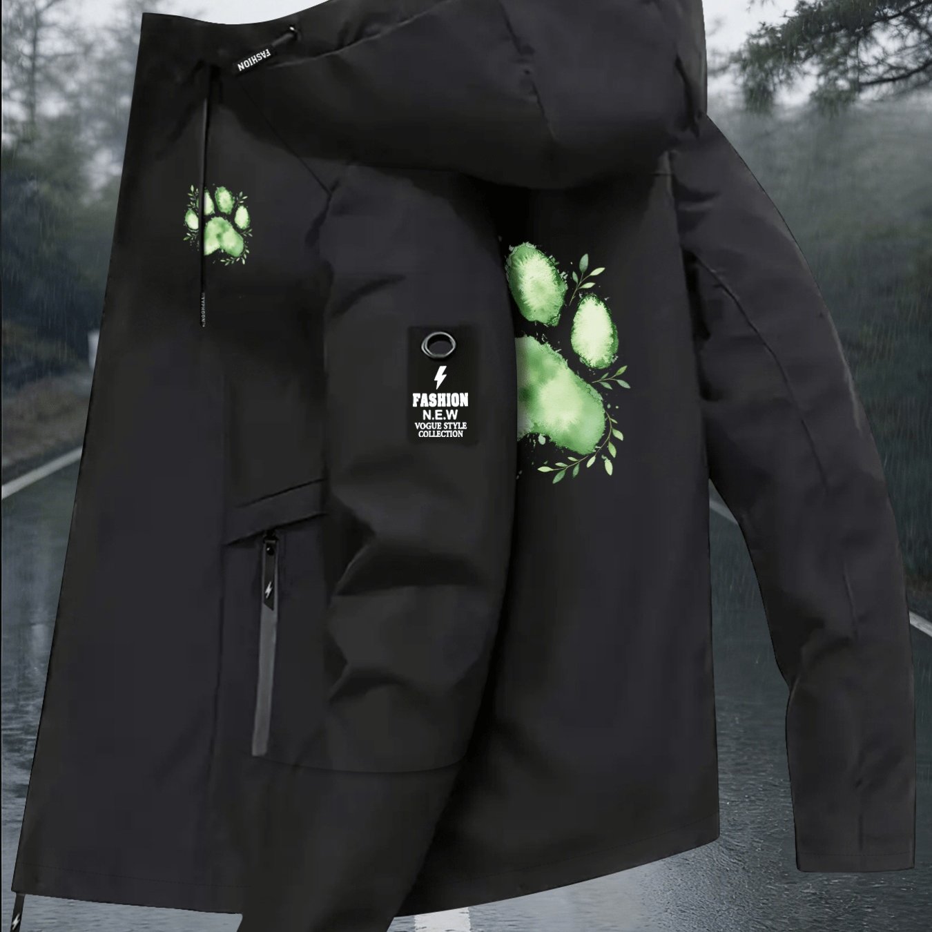TEMU Women's Hooded Outdoor Windbreaker Jacket, Green Watercolor Paw Print Pattern For Spring/summer Casual , Breathable And Wear-resistant, Y