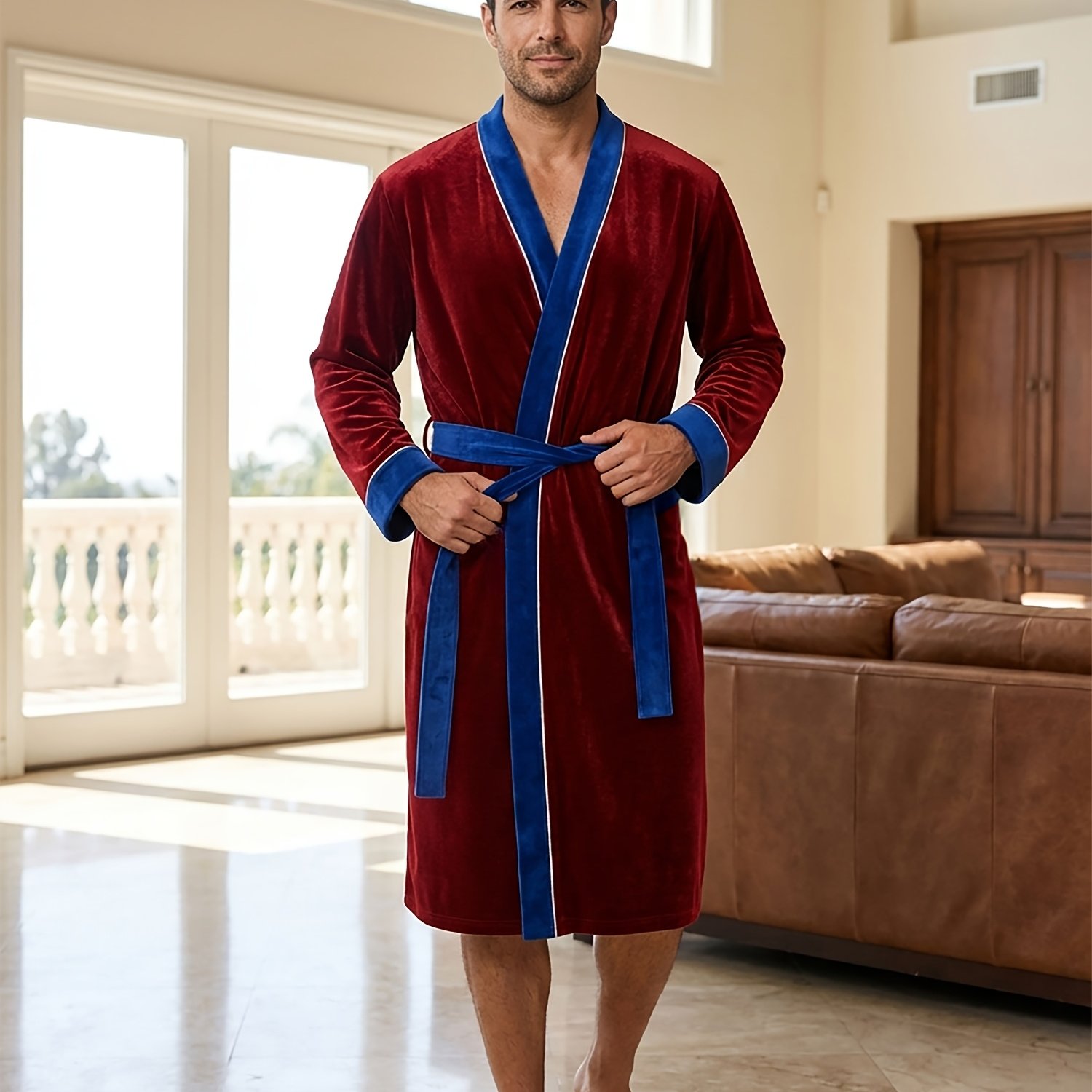 Spring Fashion Men's And Women's Luxurious Loungewear Plush Korean Velvet And - Unisex Couple's Robe | Belted Waist With Contrast Trim Design | For And Vacation Getaways Embrace Luxury