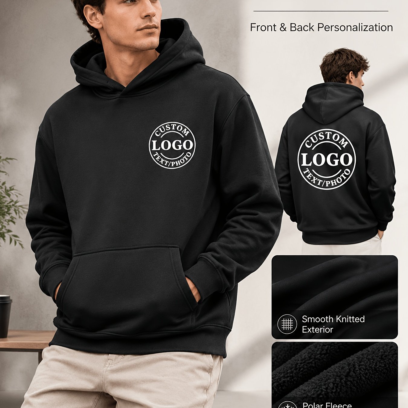 TEMU Personalized Custom Knit -lined Pullover Hoodie, Warm Soft Brushed Interior, , Durable Stitching, Unisex Relaxed Fit, Custom Logo Photo Text