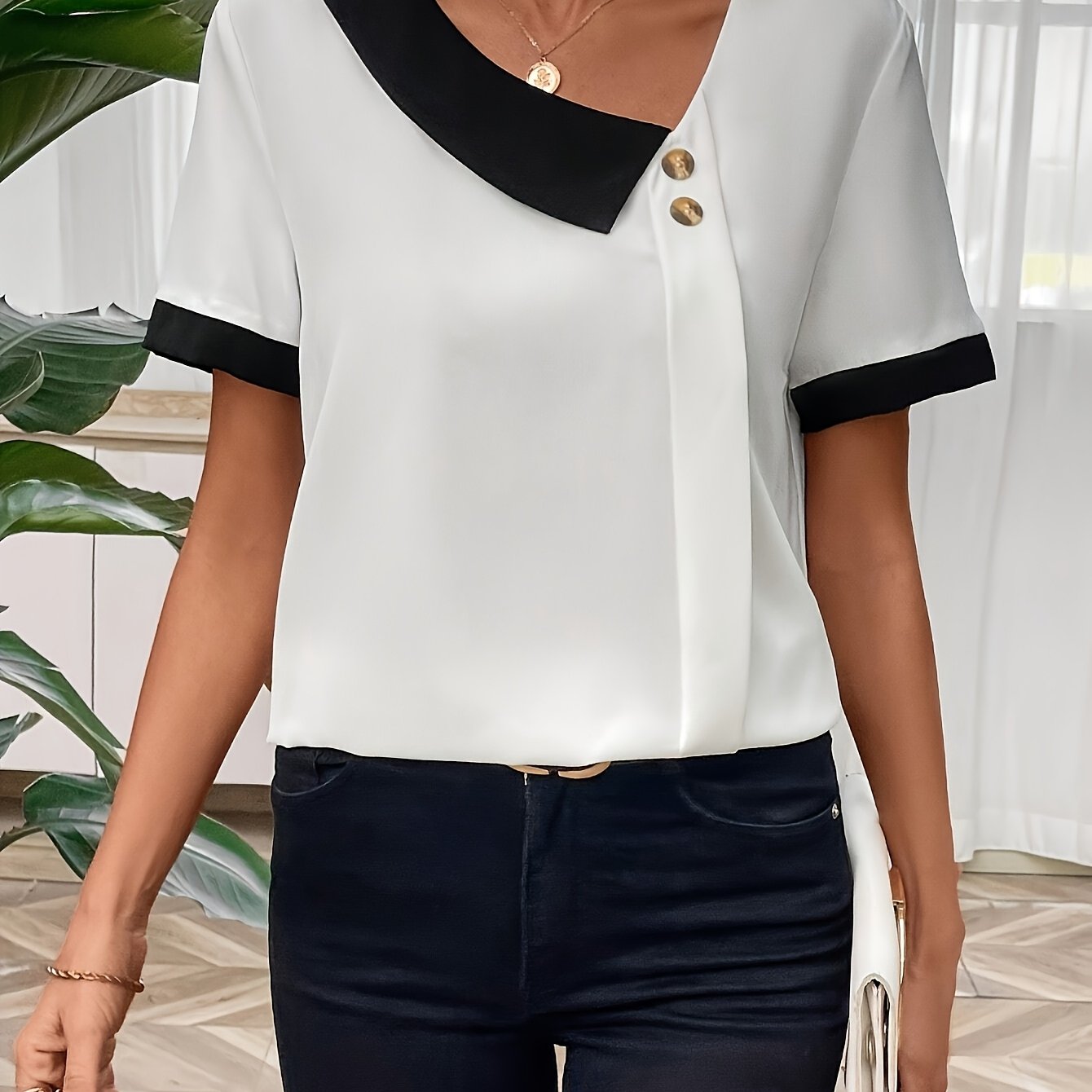 Plus Size - Plus Size - Women's Elegant Contrast Short Sleeve Shirt, With Asymmetrical Collar And Button Details